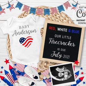 Faire-part de grossesse du 4 juillet, carte numérique pour réseaux sociaux, date limite de révélation modifiable, tableau aux lettres, annonce Instagram bébé d'été #038