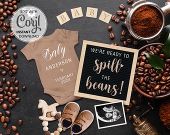 Coffee Beans Pregnancy announcement Digital, Spill the Beans Baby announcement Editable Social Media Letter Board Editable template #670