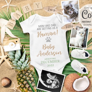 Faire-part de grossesse chat carte numérique, faire-part de bébé d'été thème animal de compagnie Révéler la date limite, maman papa nous offre un #196 modifiable par l'homme