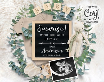 Baby number 2 announcement Digital Pregnancy, Second Baby #2 Reveal due date, Surprise Baby #3 Editable Announce for Social Media #488