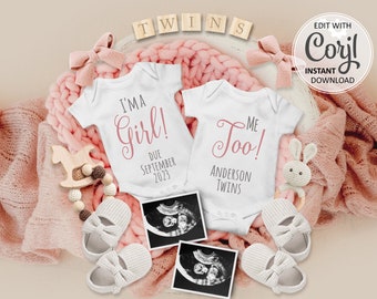 Girls twin announcement Digital Pregnancy It's a GIRL Gender Reveal due date Personalized Editable Baby Announce Instagram #290