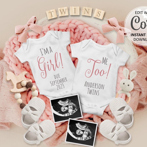 Girls twin announcement Digital Pregnancy It's a GIRL Gender Reveal due date Personalized Editable Baby Announce Instagram #290