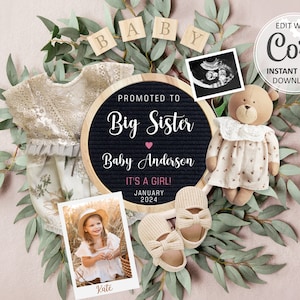 Second Pregnancy Announcement digital, Girl Baby Big Sister announcement editable social media, it&#39;s a Girl Gender Reveal announce #727