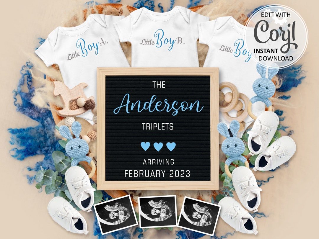 Boy TRIPLET Announcement Digital Pregnancy, Boys Triplets Onesies