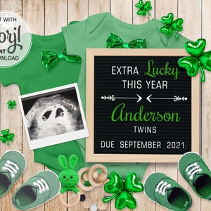 Faire-part de grossesse de jumeaux sur les médias sociaux numériques Carte de la Saint-Patrick, date d'échéance modifiable pour bébé jumeau, annonce de naissance porte-bonheur #005