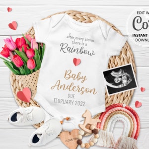 Faire-part de grossesse numérique Saint-Valentin pour bébé arc-en-ciel, bébé de février révéler date d'échéance modèle modifiable #149
