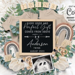Christian Twin Pregnancy announcement Digital Religious Rainbow Baby Reveal Editable Social Media post Every good and perfect gift #411