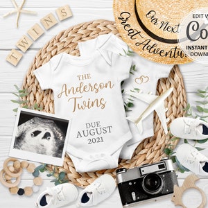 Twin Baby Digital Announcement Social Media, Summer Twins Pregnancy Reveal due date Instagram Editable Announce, Travel Adventure #018