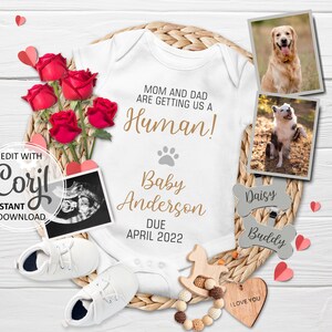 Faire-part de grossesse numérique, thème CHIEN, faire-part de bébé modifiable pour la Saint-Valentin, date prévue pour l'accouchement, maman et papa nous offrent un humain #146