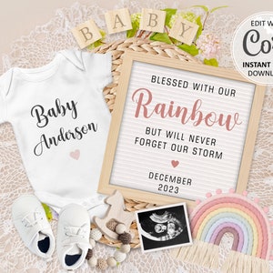 Rainbow Pregnancy Announcement Digital, Boho Rainbow Baby Reveal, Editable Announce Instagram Template for Social Media #509