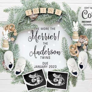 Faire-part de grossesse de jumeaux de Noël numérique, carte de date d'accouchement pour bébé d'hiver révélation de jumeaux, annonce modifiable neutre en matière de genre décembre # 236