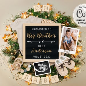 Big Brother Christmas Pregnancy Announcement digital, second Baby announcement editable for social media, New Year birth announce #362