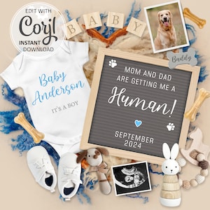 Anuncio de embarazo de perro Anuncio digital de bebé niño, es un niño Plantilla social de revelación de género, mamá y papá me van a conseguir un humano # 1018