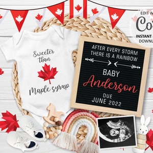 Carte de médias sociaux numérique pour faire-part de bébé au Canada, affichage modifiable de la date d'échéance, tableau des lettres, annonce Instagram de bébé canadien #148