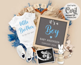 Little Brother Gender Reveal Baby Boy Announcement digital It's a BOY second Pregnancy Announce social media, birth gender announcement #657