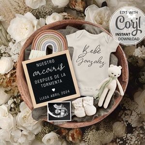 Anúncio de gravidez arco-íris espanhol, Anúncio de Embarazo, modelo de mídia social Baby Reveal, Despues tormenta vendra el arcoiris #1131