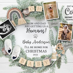 Faire-part de Noël chien bébé carte numérique, thème chien grossesse arc-en-ciel révéler la date d'échéance, maman papa devenant modèle modifiable humain # 222