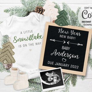 Faire-part de grossesse d'hiver numérique carte de date d'accouchement modifiable pour bébé de Noël pour les médias sociaux, annonce neutre en matière de genre du nouvel an #085