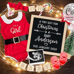 Faire-part de grossesse de Noël numérique fille bébé révéler date d'échéance pour les médias sociaux, nouvel an père Noël garçon modifiable annoncer décembre #125