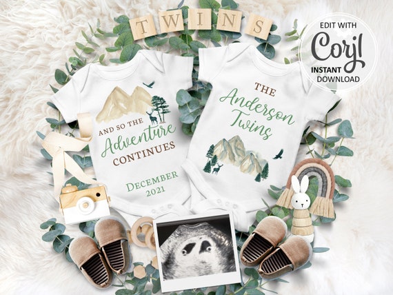 Twin Pregnancy Announcement Digital Social Media card, Instagram Facebook twins Baby Reveal due date Travel Announce. Our Adventure #035