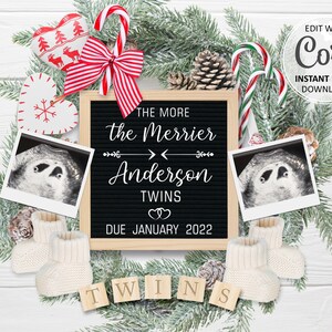 Faire-part de grossesse de jumeaux de Noël numérique, carte de date d'accouchement double hiver bébé révéler, sexe neutre modifiable annonce décembre #096