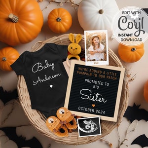 Big Sister Pregnancy Announcement digital, second Baby announcement Halloween editable social media post, gender neutral birth reveal #1266