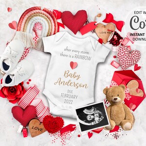 Faire-part de bébé arc-en-ciel, annonce numérique de grossesse modifiable pour la Saint-Valentin, bébé de février, date limite pour les médias sociaux # 144