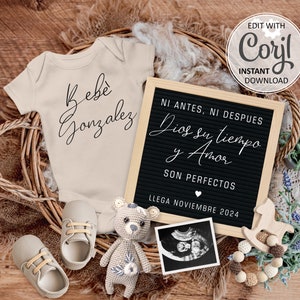 Zwangerschapsaankondiging Spaans digitaal, Anuncio de Embarazo, Baby Reveal Social Media, Ni antes ni despues Dios tiempo Amor perfectos #1046