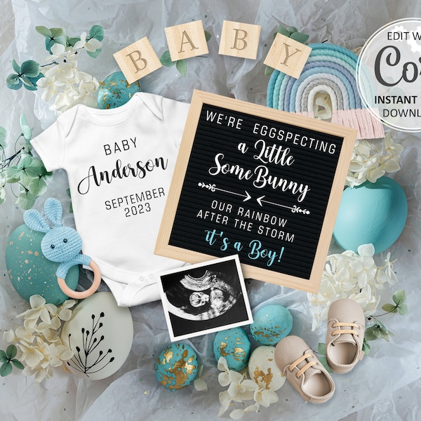 Easter Pregnancy Announcement Digital it's a BOY baby Gender Reveal Social Media Editable Spring Baby birth Announce for Instagram #511