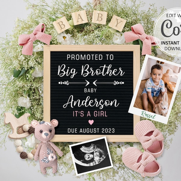 Second Pregnancy Announcement digital, Girl Baby Big Brother announcement editable social media, it's a Girl Gender Reveal announce #504