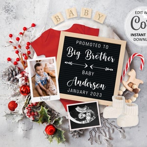 Big Brother Christmas Pregnancy Announcement digital, second Baby announcement editable for social media, New Year birth announce #367