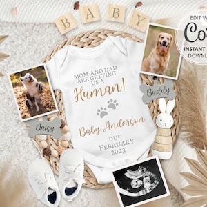 Tarjeta digital con anuncio de embarazo de PERRO, anuncio editable de bebé de perro, revelación de fecha de parto para redes sociales, mamá y papá nos traen un humano #244