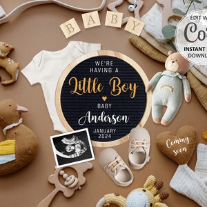 Anuncio de embarazo de niño digital, anuncio de revelación de género de bebé, plantilla editable para redes sociales de bebé niño vintage n.° 778