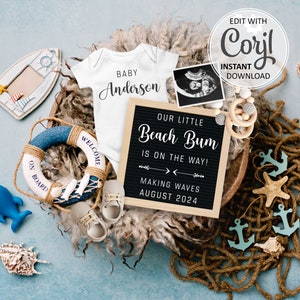 Beach Pregnancy Announcement Digital Summer Baby Reveal, Little Beach Bum Baby Reveal, Gender Neutral Baby Announcement #684
