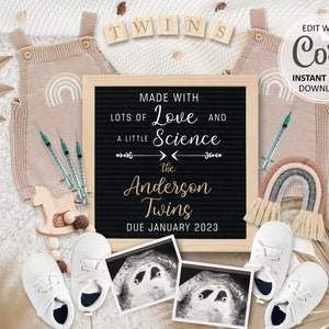 IVF twin Pregnancy Announcement for Social Media, Digital Fertility Rainbow Baby Editable Announce, Made with Love and Science #234