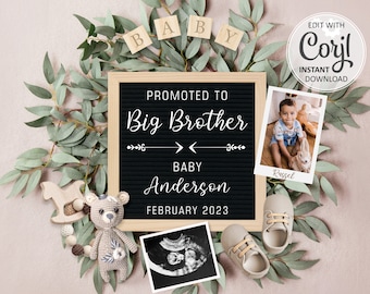 Big Brother Pregnancy Announcement digital, second Baby announcement editable for social media, gender neutral birth reveal announce #392