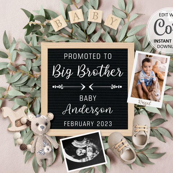 Big Brother Pregnancy Announcement digital, second Baby announcement editable for social media, gender neutral birth reveal announce #392