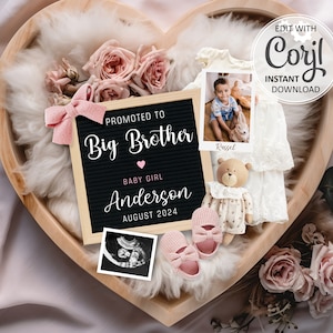 Second Pregnancy Announcement digital, Girl Baby Big Brother announcement editable social media, it&#39;s a Girl Gender Reveal announce #886