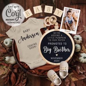 Halloween Second Pregnancy Announcement digital, Pumpkins Baby announcement editable for social media, Big Brother Fall birth announce #794