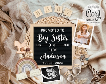 Big Sister Rainbow Pregnancy Announcement digital, second Baby announcement editable for social media, Sibling Gender Neutral announce #435