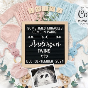 Tarjeta digital para redes sociales con anuncio de embarazo de gemelos, revelación del género del niño y la niña, fecha de parto, anuncio personalizado editable para bebé gemelo en Instagram n.° 021