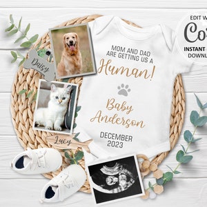 Dog Cat pregnancy announcement Digital, Baby announcement Pet theme Reveal social Media post, Mum Dad getting Human Editable template #531