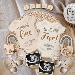 Carte numérique bohème d'annonce de grossesse de jumeaux arc-en-ciel, annonce de date d'échéance du bébé révélateur modifiable, Facebook Instagram jumeaux neutres # 279