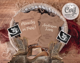 Twins Pregnancy Announcement digital card, Cowboy western baby announce, gender neutral twin Baby Reveal due date Editable template #054
