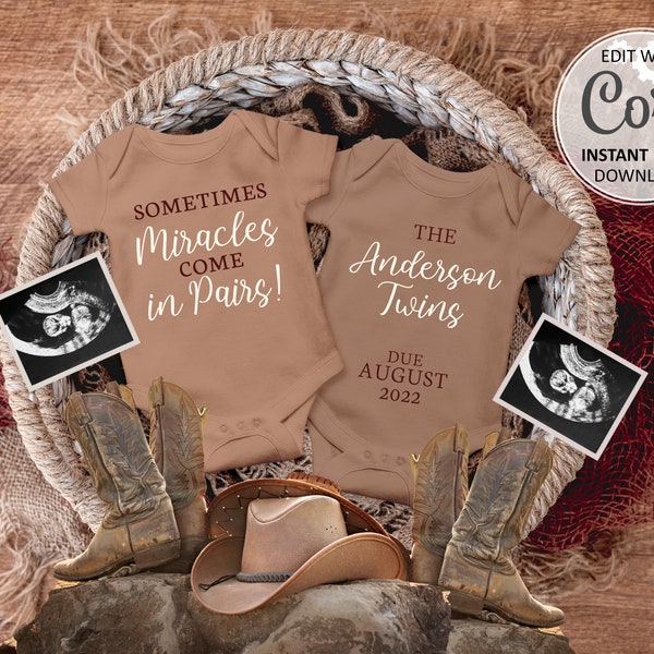 Twins Pregnancy Announcement digital card, Cowboy western baby announce, gender neutral twin Baby Reveal due date Editable template #054