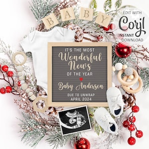 Christmas Pregnancy Announcement digital, Winter Baby Reveal Social Media, Gender Neutral Editable Announce, Most Wonderful News #869