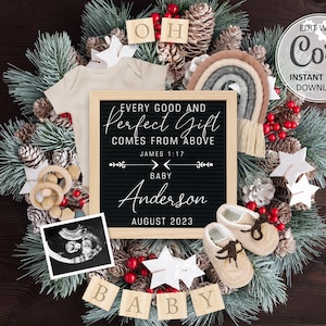 Christmas Christian Pregnancy announcement Digital Religious Rainbow Baby Reveal Editable Social Media post Every good and perfect gift #411