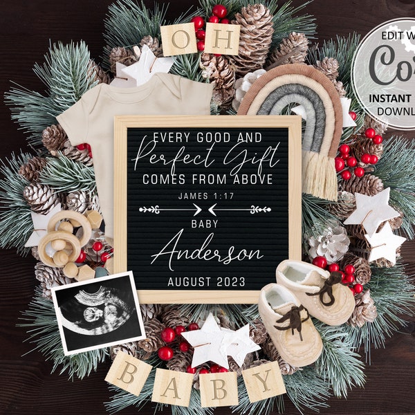 Christmas Christian Pregnancy announcement Digital Religious Rainbow Baby Reveal Editable Social Media post Every good and perfect gift #411