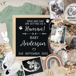 Faire-part de grossesse chat carte numérique, faire-part de bébé arc-en-ciel pour animaux de compagnie de Pâques, date d'échéance révélée, modèle modifiable pour l'homme, papa et maman # 183
