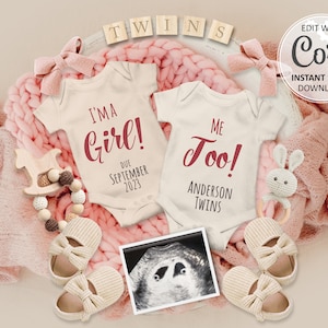 Girls twin announcement Digital Pregnancy It's a GIRL Gender Reveal due date Personalized Editable Baby Announce Instagram September #280